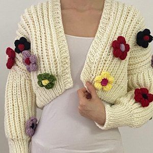 Cardigan Hand-Knitted White Crop Top Gift for her
